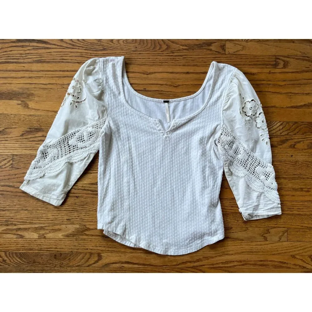 Free People White Cottage Croquet Prairie Blouse Top Shirt  Women's Size Small